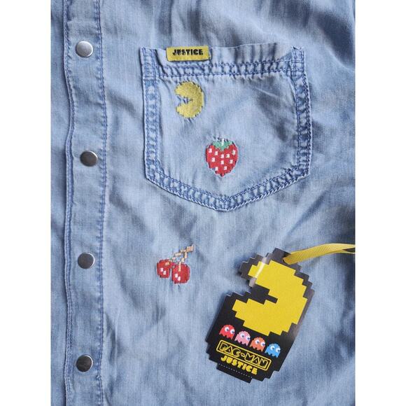 Justice Girls Pac Man Denim Top Juniors Sz M Blue Snap Short Sleeve Ghost Gang - Picture 5 of 8